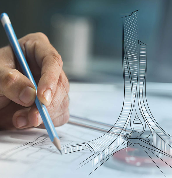 Architect sketching a modern high-rise building design